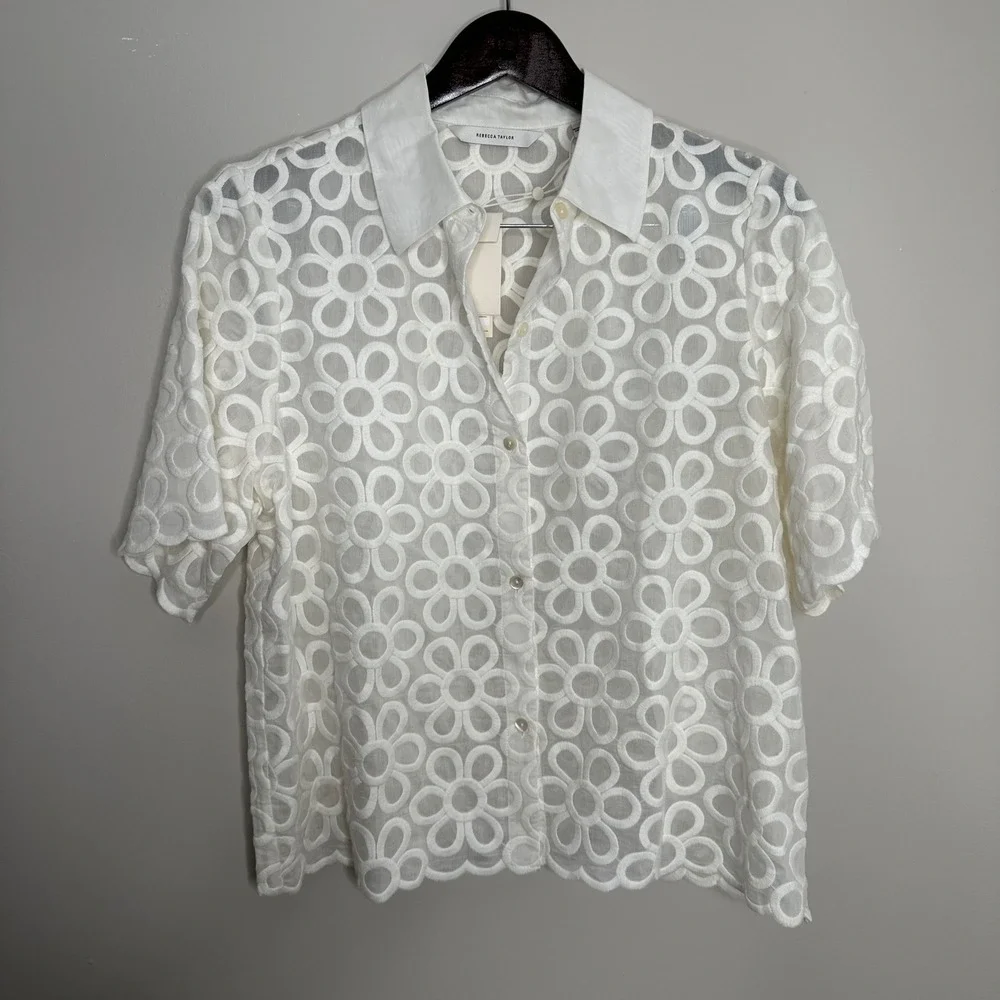 Rebecca Taylor Women's White Floral Embroidered Button Down Shirt Top Size L NWT - Picture 2 of 10